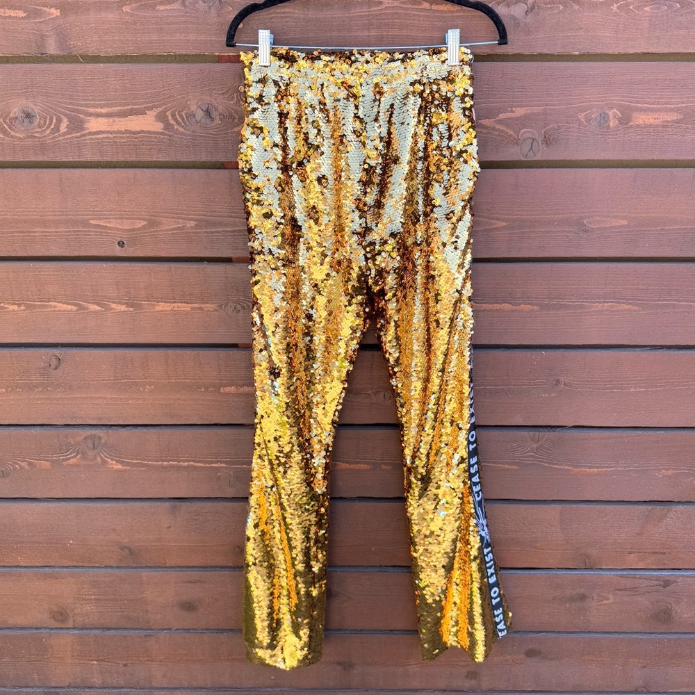Faith Connexion Cease To Exist Flared Gold Sequin Athletic Track Pants Sz M